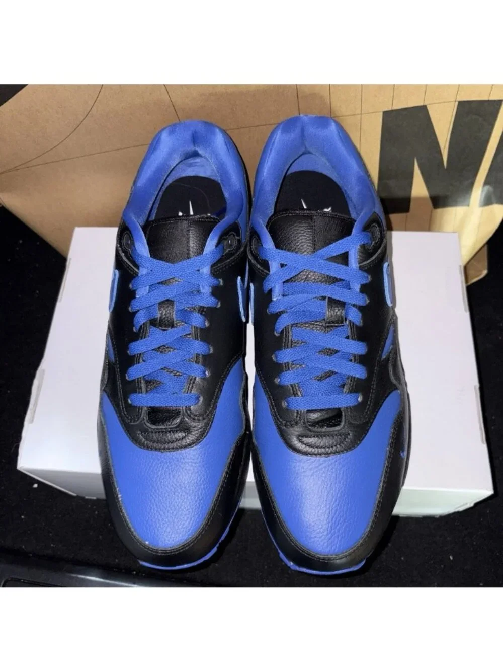 NEW Nike By You Air Max 1 Leather Black Royal Blue HQ3714-900 Men's Size 13